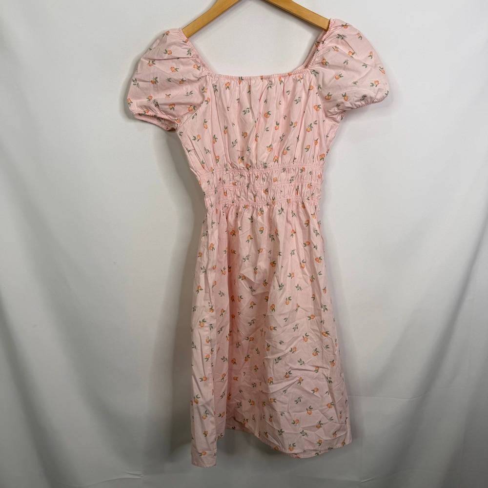 HM Girls Pink Peach Print Puff Sleeve Cotton Dress Size 18 Smocked Waist - Picture 5 of 8